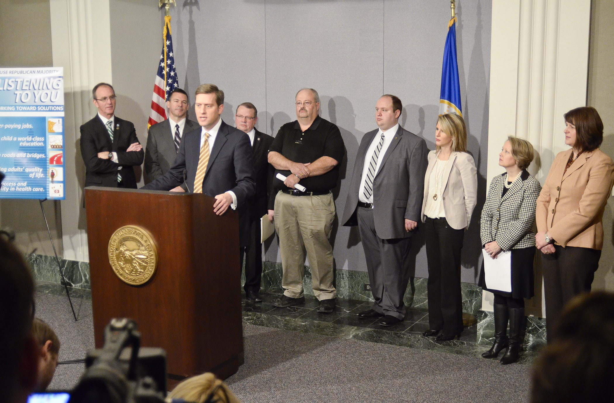 Flanked by Republican leadership at a Jan. 8 news conference, House Speaker Kurt Daudt lays out his party’s priorities through introductions of the session’s first five bills. Photo by Andrew VonBank